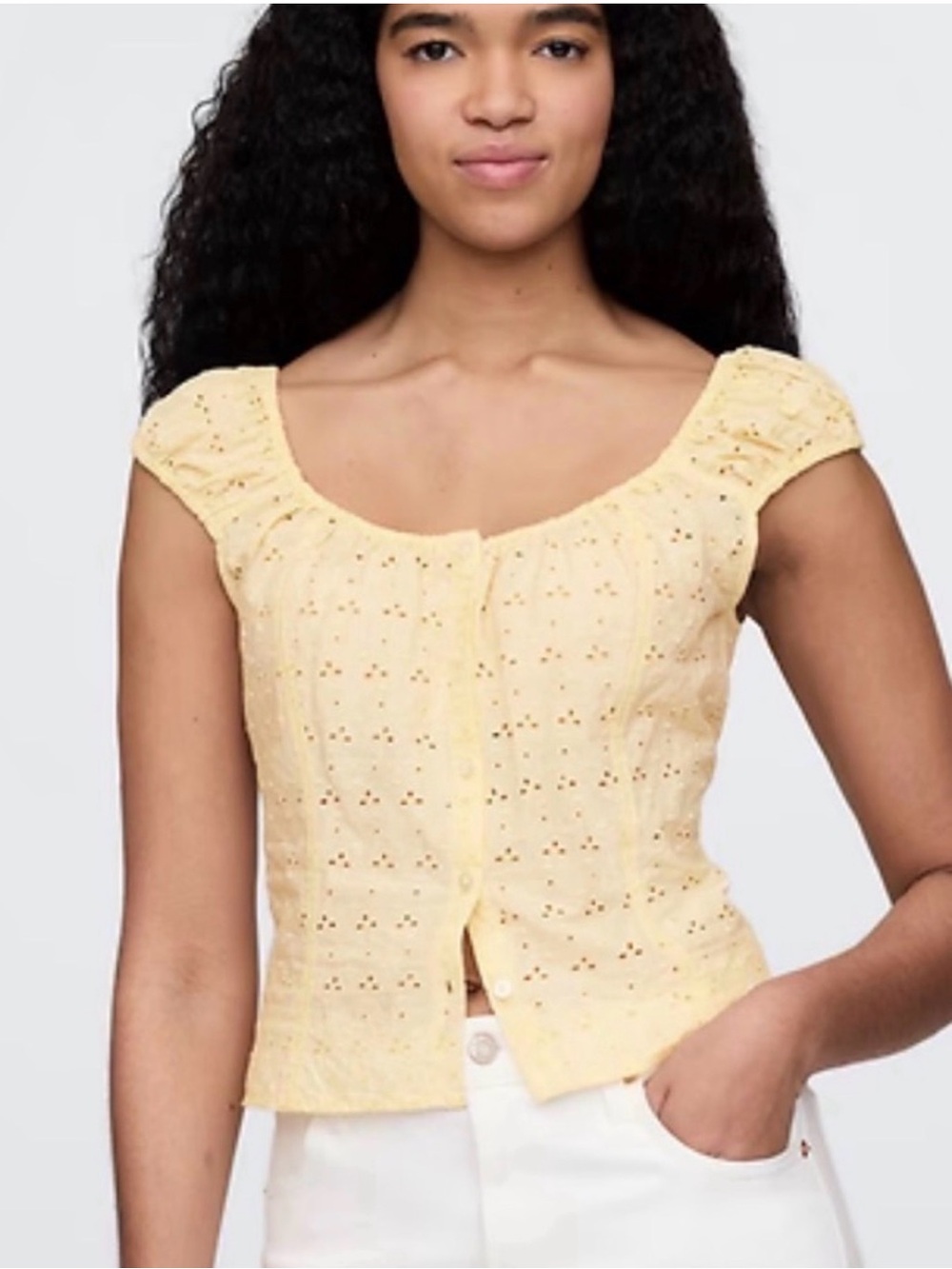 Gap Yellow Eyelet Cap-Sleeve Button-Front Top